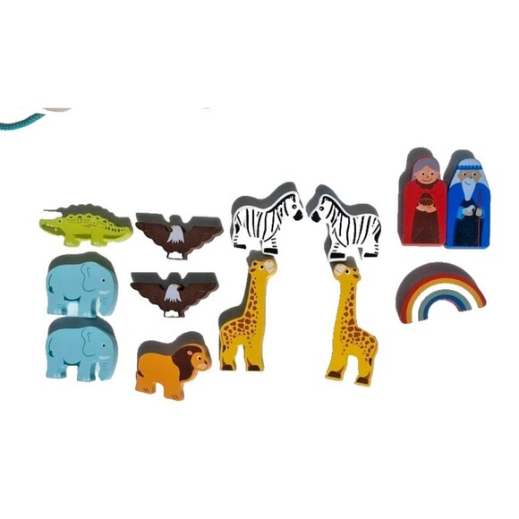 Wooden Noah's Ark Pull Toy Boat Animal Shape Sorter Painted Bible Story Toddler - Picture 4 of 16